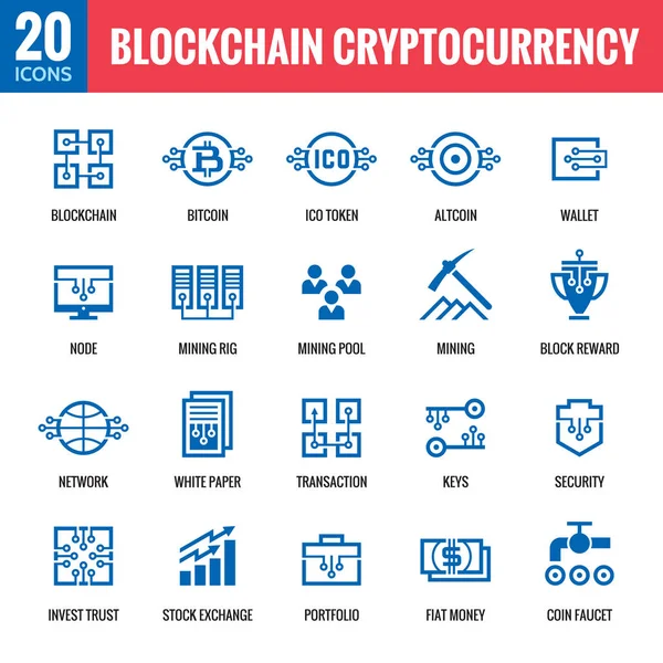 Blockchain Kryptowährung - 20 Vektorsymbole. moderne Computernetzwerktechnologie Schildersatz. digitale grafische Symbolsammlung. Bitcoin-Finanzierung. Gestaltungselemente. — Stockvektor