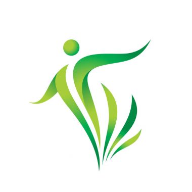 Yeşil doğa vektör logo şablonu. Sağlık işareti. Fitness kadın kavramı illüstrasyon. İnsan karakteri yaprakları ile. Özgürlük simgesi. Tasarım öğesi. 