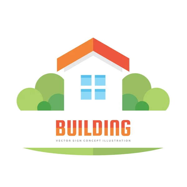 Building - illustrazione del concetto di logo vettoriale in stile piatto per presentazione, opuscolo, sito web e altri progetti creativi. Insegna immobiliare. Elemento di design . — Vettoriale Stock