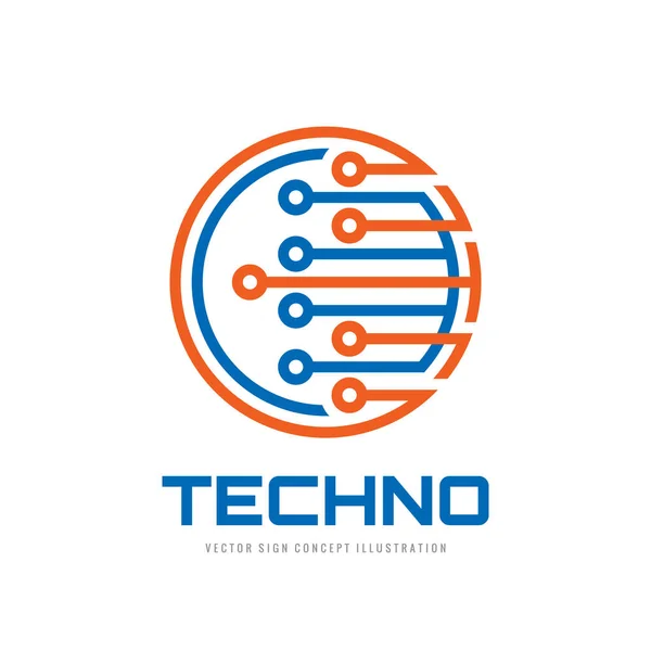 Techno - illustrazione del concetto di modello logo vettoriale. Computer elettronico chip segno creativo. Simbolo della tecnologia moderna. Elemento di design astratto . — Vettoriale Stock