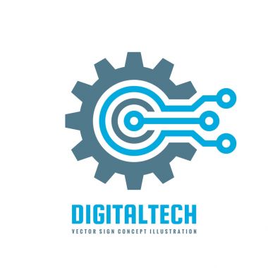 Dijital teknoloji - vektör iş logo şablonu konsept illüstrasyon. Dişli elektronik fabrika işareti. COG tekerlek teknoloji sembolü. SEO amblemi. Tasarım öğesi.