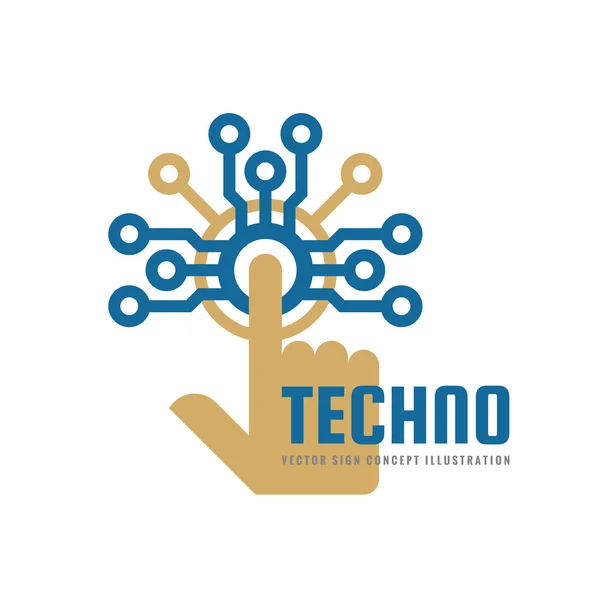 Techno - vector logo sjabloon concept illustratie. Menselijke hand touch computer elektronische chip. Moderne technologie ontwerpelement. — Stockvector