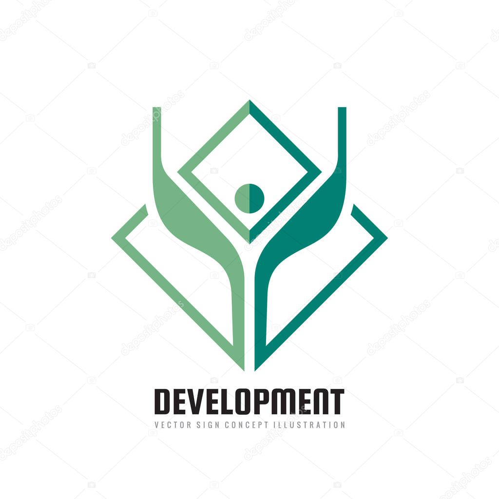 Development - vector logo template concept illustration. Abstract human character silhouette with wings. Sprout leaves nature creative sign. Design element.