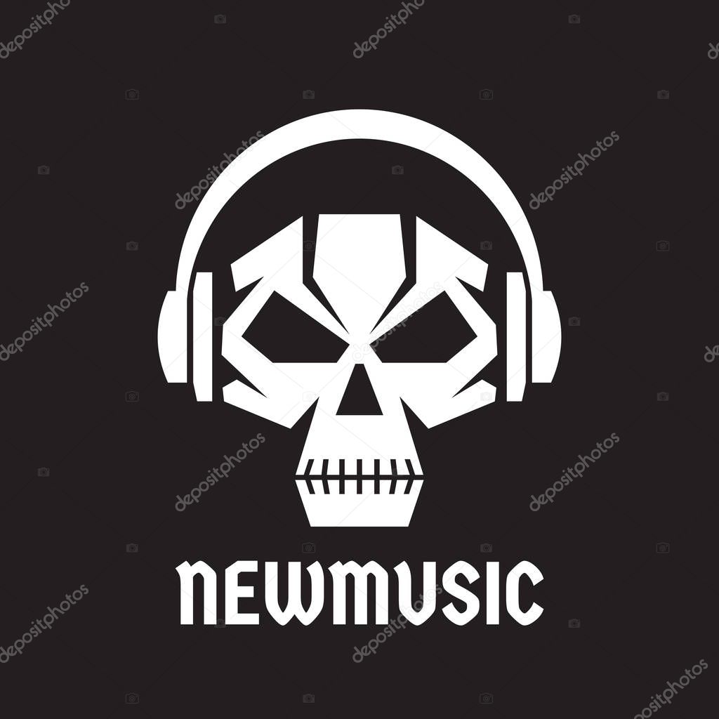 New music - vector logo template concept illustration. Human skull with headphones sign. Death audio sign. Modern sound icon. Design element.