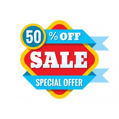 Satılık %50 off - vektör düz stil çizimde kavramı. Beyaz arka plan üzerinde reklam promosyon afiş soyut. Yaratıcı indirim rozeti. Özel Fırsat çıkartmaları. Tasarım öğeleri.  