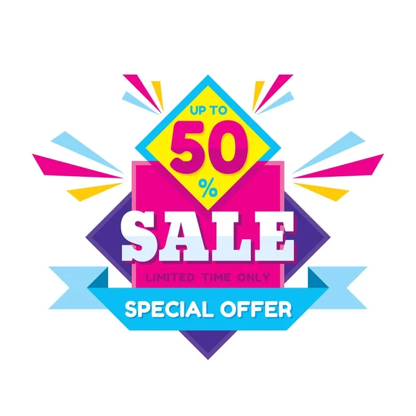 Desconto de venda até 50% - ilustração conceito vetorial em estilo plano. Emblema criativo origami oferta especial no fundo branco. Publicidade banner promoção. Elemento de design gráfico abstrato . —  Vetores de Stock