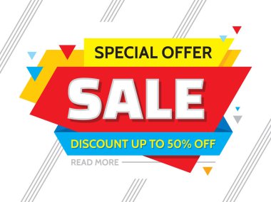 Satış - konsept pankart vektör illüstrasyonu. Yaratıcı tasarım için özel teklif. İndirim% 50 'ye çıktı. Soyut geometrik tasarım.