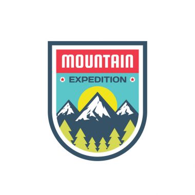 Dağ Alp macera - vektör logo şablonu konsept illüstrasyon. Sefer yaratıcı rozet işareti. Grafik tasarım öğesi.