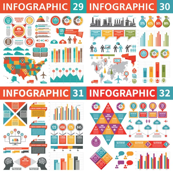 信息商业设计元素 矢量插图 Infograph 模板集合 世界和美国地图 工业工厂图标 创意图形集 — 图库矢量图片