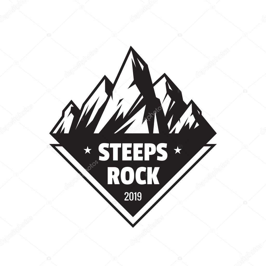 Steeps rock outdoor adventure - vector logo template concept illustration. Abstract mountains silhouette creative badge sign. Black & white design elements.