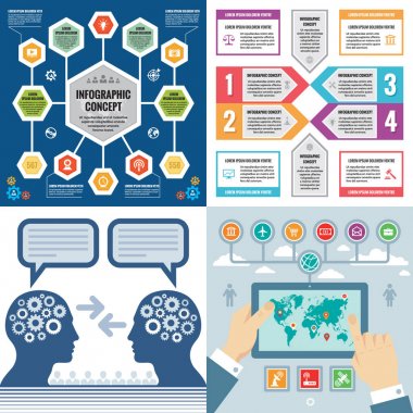İş Infographic şablonlar kavramı vektör çizim. Soyut afiş kümesi. Reklam promosyon Düzen koleksiyon sunumu için. El ve kafa. Adım seçenekleri numaralandırılmıştır. Tasarım öğeleri.