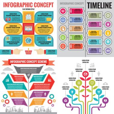 İş Infographic şablonlar kavramı vektör çizim. Soyut afiş kümesi. Reklam promosyon Düzen koleksiyon sunumu için. Zaman çizelgesi. Ağaç. İnsan eli. Grafiksel tasarım elemanları. 