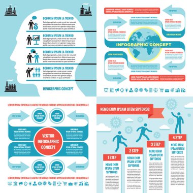 İş Infographic şablonlar kavramı vektör çizim. Soyut afiş kümesi. Reklam promosyon Düzen koleksiyon sunumu için. İnsan kafası. Adım seçenekleri numaralandırılmıştır. Grafiksel tasarım elemanları. 