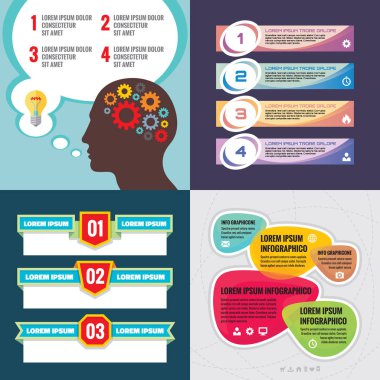 İş Infographic şablonlar kavramı vektör çizim. Soyut afiş kümesi. Reklam promosyon Düzen koleksiyon sunumu için. İnsan kafası. Adım seçenekleri numaralandırılmıştır. Grafiksel tasarım elemanları. 