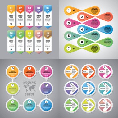 İş Infographic şablonlar kavramı vektör çizim. Soyut afiş kümesi. Reklam promosyon Düzen koleksiyon sunumu için. Adım seçenekleri numaralandırılmıştır. Oklar. Grafiksel tasarım elemanları. 