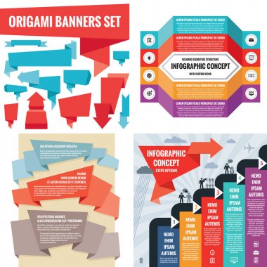 İş Infographic şablonlar kavramı vektör çizim. Soyut afiş kümesi. Reklam promosyon Düzen koleksiyon sunumu için. Origami. Adım seçenekleri numaralandırılmıştır. Grafiksel tasarım elemanları. 
