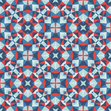 Soyut geometrik arkaplan. Kusursuz desen tasarımı. Mavi ve kırmızı renkler. Mozaik dekoratif yapı. Vektör illüstrasyonu. 