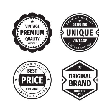 Eski moda tasarım tarzında iş rozetleri vektörü ayarlandı. Soyut logo. Birinci kalite. En uygun fiyat. Orijinal marka. Hakiki sendika mahsulü. Siyah & beyaz renklerdeki etiketleri kavra. 