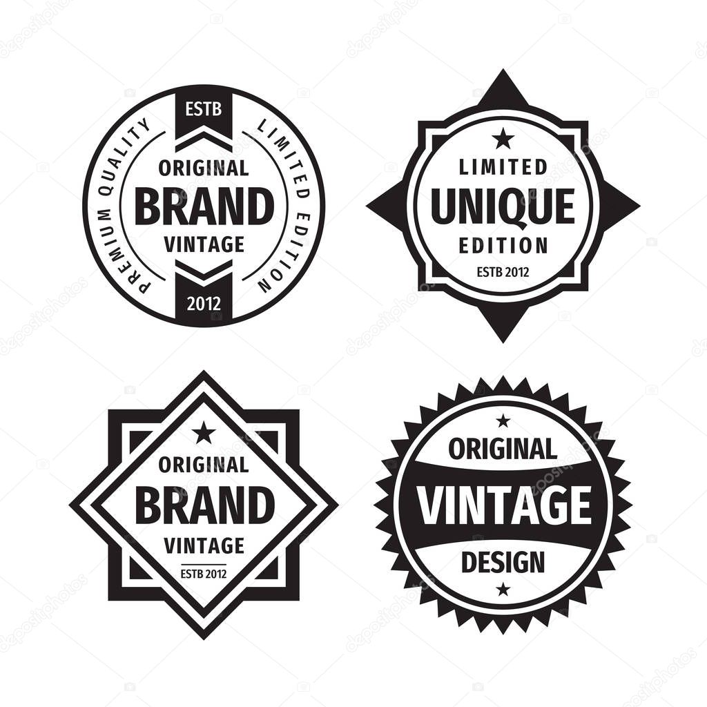 Business badges vector set in retro vintage design style. Abstract logo. Premium quality. Unique limited edition. Original brand. Vintage design. Concept labels in black & white colors. 