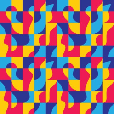 Arkaplan vektör soyut tasarımı. Geometrik kusursuz desen mavi, kırmızı, sarı renklerde. Dekoratif mozaik duvar kağıdı. Vektör illüstrasyonu.