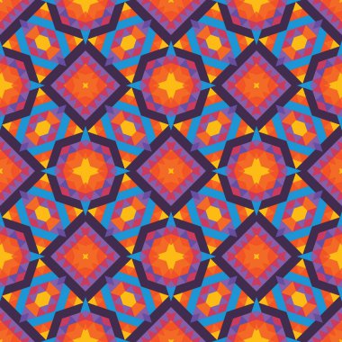 Soyut geometrik arkaplan. Kusursuz desen tasarımı. Mor, leylak, mavi, turuncu renkler. Mozaik dekoratif çiçek yapısı. Vektör illüstrasyonu. 