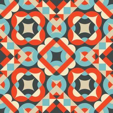 Soyut geometrik arkaplan. Kusursuz desen tasarımı. Mavi, kırmızı ve bej renkler. Mozaik dekoratif yapı. Vektör illüstrasyonu. 