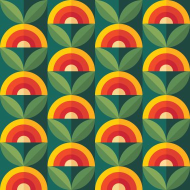 Meyveler ve yapraklar doğa arka planı. Orta-yüzyıl modern sanat vektörü. Soyut geometrik dikişsiz desen. Eski moda tasarım düz stil dekoratif süs. Çiçek arkaplanı.