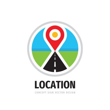 Konum konsept logo şablonu tasarımı. Coğrafi nokta simgesi logosu. GPS haritası logo işareti. Otoyol şablonu logo tasarımı. Işınlama simgesi amblemi işareti. Ulaşım teslimat vektör logosu sembolü. Vektör illüstrasyonu. 