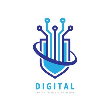 Veri koruması - logo vektör çizimi. Elektronik tasarım elementleriyle soyut kalkan logosu sembolü. Antivirüs yaratıcı logo işareti. Güvenlik dijital teknoloji simgesi logosunu koru. 