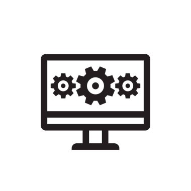 Vitesli bilgisayar - vektör iş simgesi siyah konsept çizgisi çizimi sanat illüstrasyonu. Anahtarlar ve vites sembolleri. Arama motoru optimizasyonu. Soyut teknoloji elektronik işaret. Evet. Grafik tasarım ögesi.