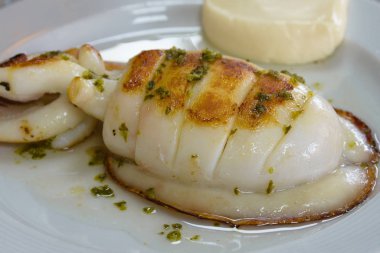 Beyaz tabakta soslu ızgara mürekkep balığı. İspanyol balık restoranında nefis, sağlıklı bir akşam yemeği. Valencia 'ya gastronomik bir gezi..