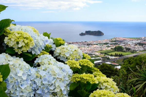 Vista do mar, da ilha, da cidade de Vila Franca do Campo a partir da capela de Nossa Senhora da Página. Ilha de San Miguel, Portugal. Viajar para os Açores . — Fotografia de Stock