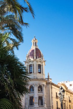 The beautiful town hall rises in Piazza Ayuntamiento de Valencia on a bright sunny day. Valencia, Spain. The trip.