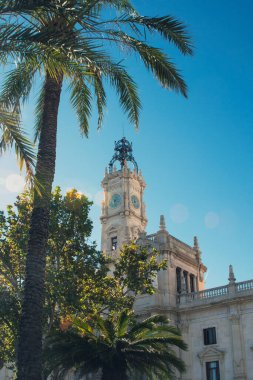 The beautiful town hall rises in Piazza Ayuntamiento de Valencia on a bright sunny day. Valencia, Spain. The trip.