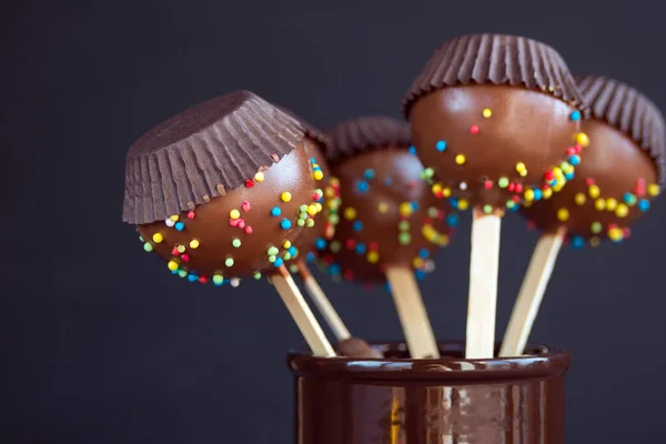 Chocolate Cake Pops Coconut Flakes Dark Background Mini Cakes Wooden — Stock Photo, Image