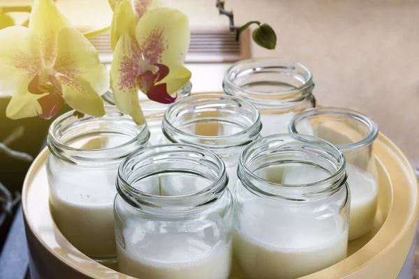 Glasgläser Mit Natürlichem Hausgemachtem Bio Joghurt Joghurtbecher Der Nähe Befindet — Stockfoto