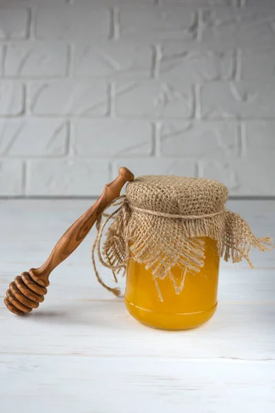Méhméz Egy Üveg Üveg Üveg Díszített Vászon Fából Készült Hamis — Stock Fotó