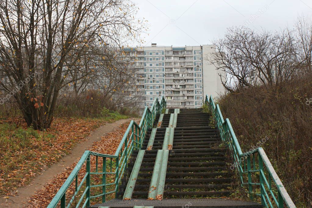 Cloudy weather green staircase, residential area Krylatskoye in Moscow