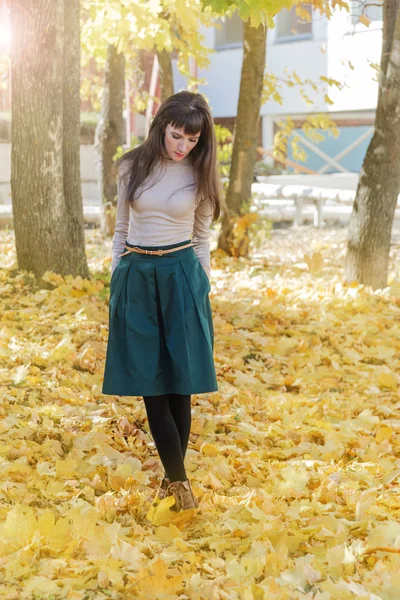 Brunette meisje in herfst park — Stockfoto