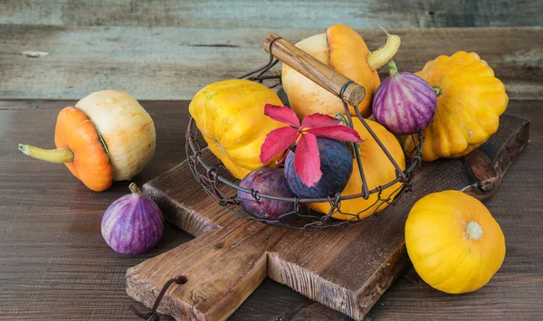 Plusieurs citrouilles et patissons décoratifs, et des figues — Photo