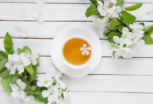 Green tea and apple-tree flowers — Stock Photo, Image