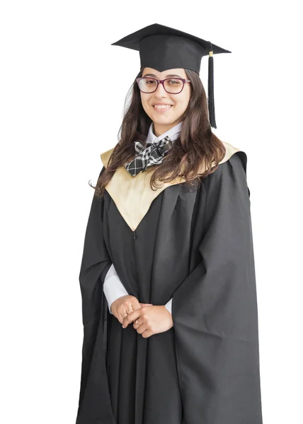 Κοπέλα πτυχιούχος του Πανεπιστημίου σε λευκό φόντο — Φωτογραφία Αρχείου