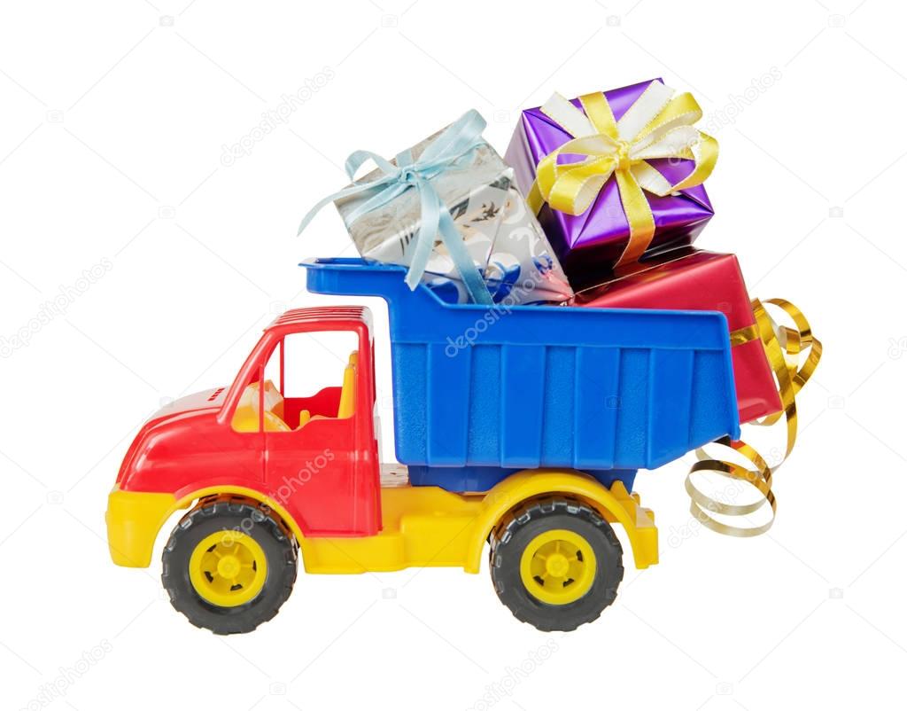 Toy truck carries gift boxes