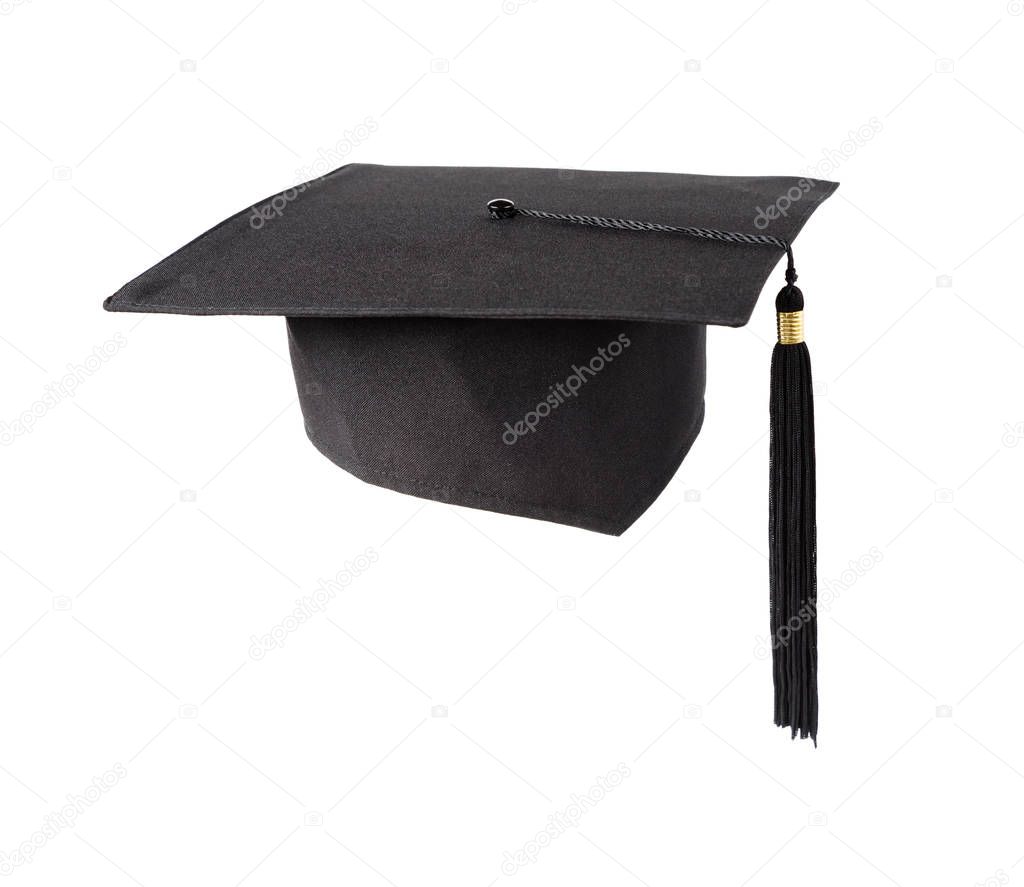 Graduation hat on white background