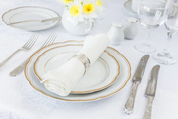 Lujosas flores de porcelana, platería y primavera — Foto de Stock