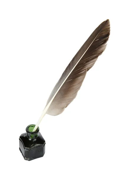 Feather and inkwell on a white background — Stock Photo, Image