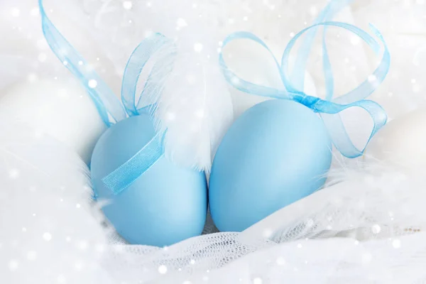 Oeufs de Pâques bleu extrémité plumes blanches — Photo