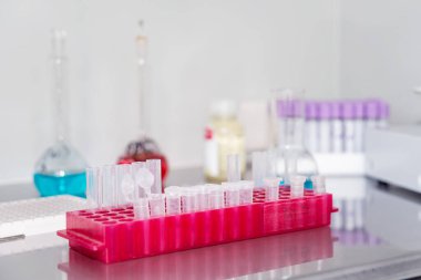 Çeşitli laboratuvar ekipmanları: test tüpleri ve mataralar