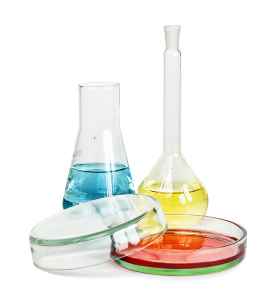 Miscellaneous Laboratory Glassware Colored Solutions Isolated White Background — Stock Photo, Image