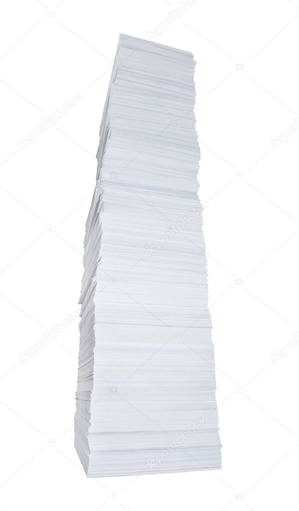 Very tall stack of paper isolated on a white background